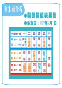 郭玉柱診所9月份門診異動